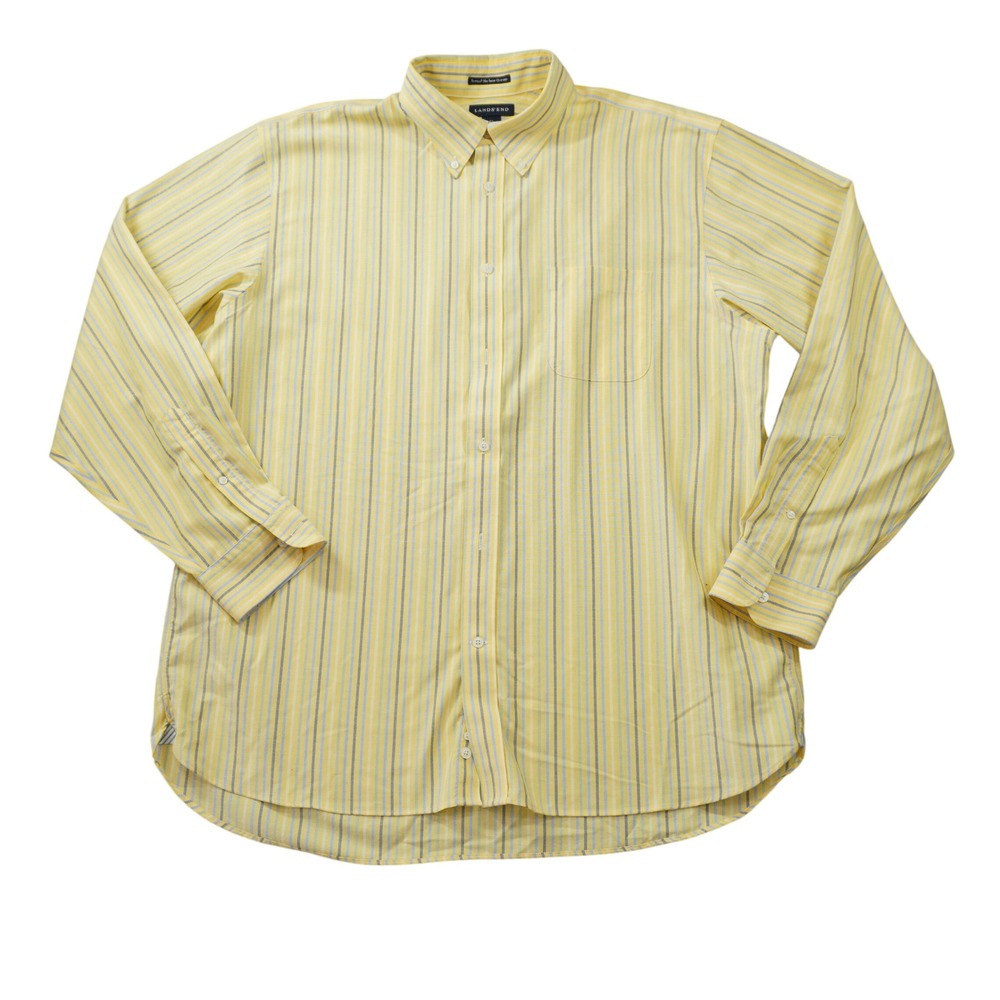 Lands' End Men's XL Supima No Iron Oxford Shirt Yellow Blue Striped Button Down